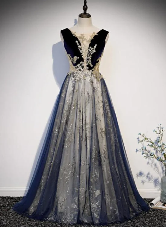 Beautiful Blue Velvet and Lace Tulle Long Low Back Party Dress, Blue A-line Evening Dresses Tunics Brand named Beautiful Blue Velvet and Lace Tulle Long Low Back Party Dress, Blue A-line Evening Dresses Tunics Brand named