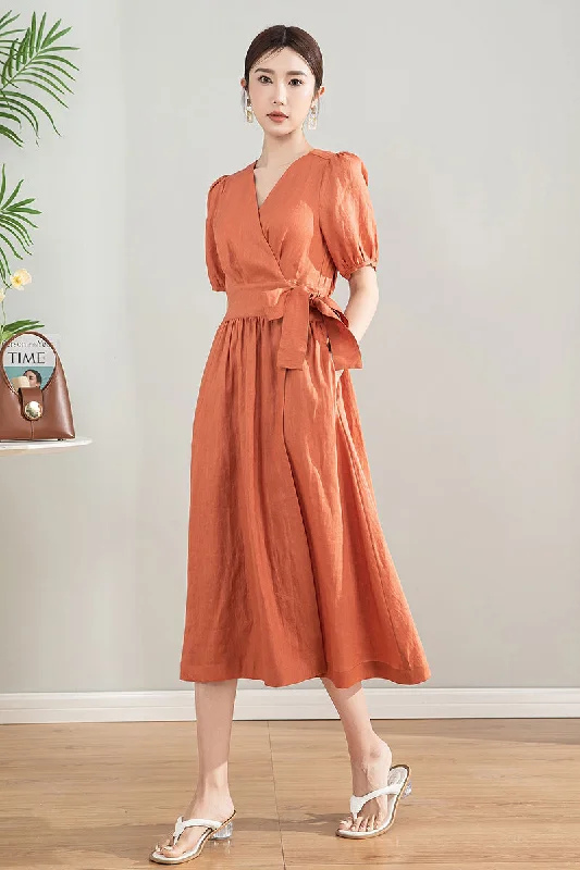 Short Sleeve Orange Linen Dress 4196 Tunics Long Elegant