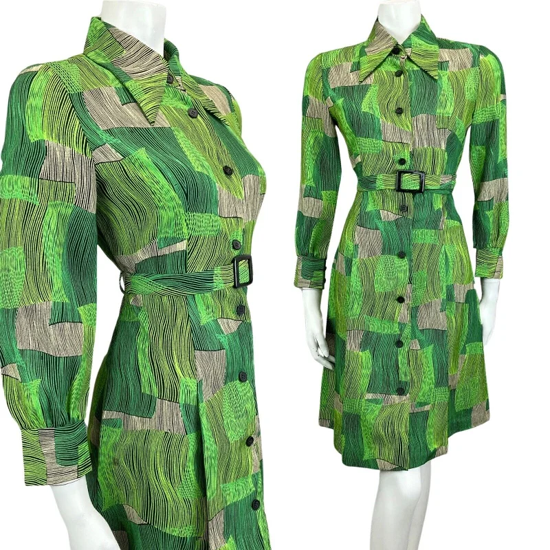 VINTAGE 60s 70s GREEN ABSTRACT PRINT DAGGER COLLAR MIDI MOD BOHO DRESS 12 Tunics Winter warm