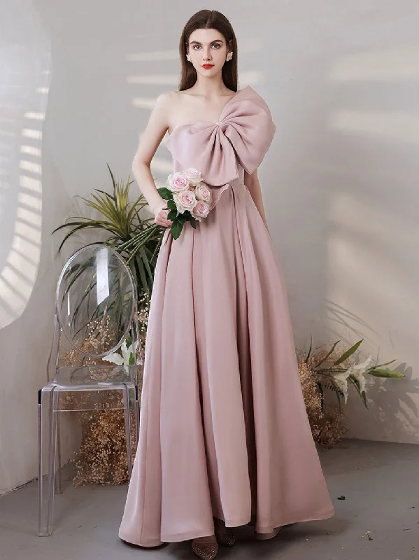 A Line Pink Long Prom Dress, Pink Formal Bridesmaid Party Dresses Lace Sexy Club