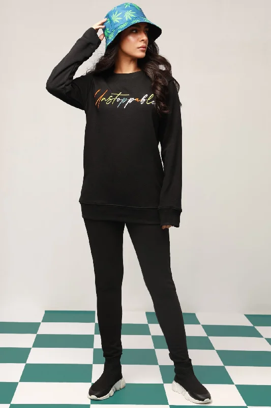 Unstoppable Embroidered Black Sweatshirt - W22 - USW009R Hoodie with Cropped Fit Short Trendy