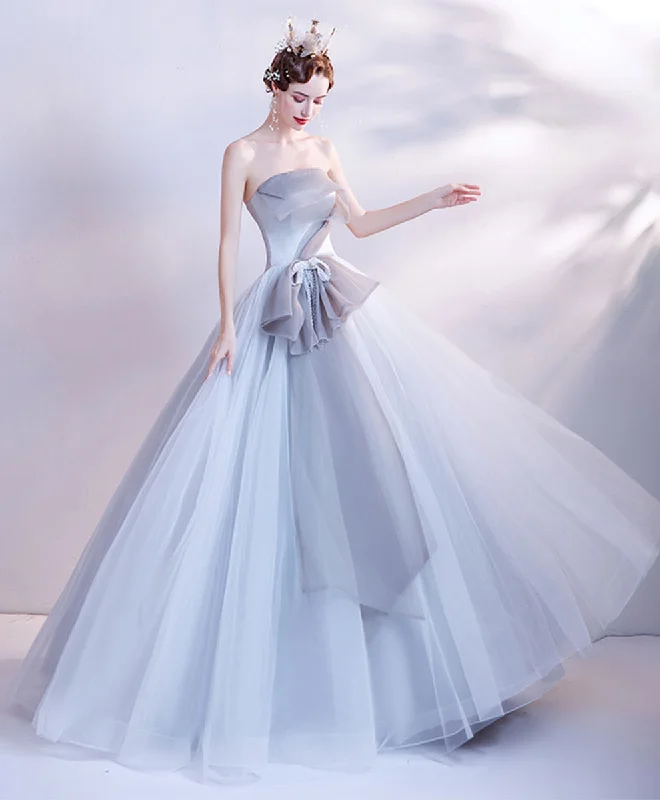 Gray Aline Tulle Long Prom Dress, Formal Gray Formal Party Dress Tunics Bridal satin