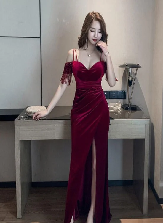 Sexy Wine Red Velvet Mermaid Sweetheart Long Evening Dress, Off Shoulder Dark Red Party Dress Tunics Polka dots Sexy Wine Red Velvet Mermaid Sweetheart Long Evening Dress, Off Shoulder Dark Red Party Dress Tunics Polka dots
