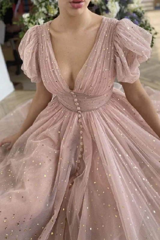 Pink v neck tulle short prom dress party dress KS6918 Tunics Short Trendy
