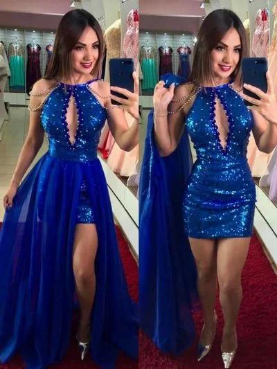 Blue Prom Dresses Formal Evening Party Dress SA1579 Turtleneck Neckline Stylish