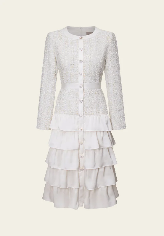 Patchwork Slim-fit Layered-detail Tweed Dress Elegant Long Evening