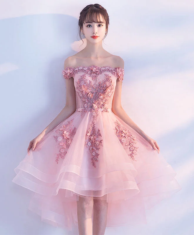 Cute Pink Lace Tulle Short Prom Dress, Pink Party Dress Tunics Luxurious high-end