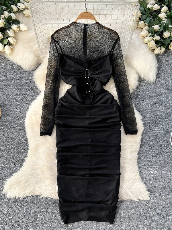 Lace Sleeves Ruched Black Dress Turtleneck Neckline Stylish