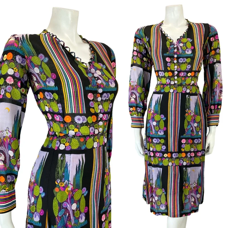 VTG 70S BLACK PURPLE GREEN STRIPED FLORAL FAIRY PSYCHEDELIC FITTED DRESS 10 12 Tunics Seasonal trendy VTG 70S BLACK PURPLE GREEN STRIPED FLORAL FAIRY PSYCHEDELIC FITTED DRESS 10 12 Tunics Seasonal trendy
