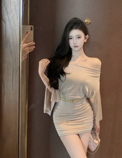 Stylish Off - Shoulder Beige Dress with Flared Sleeves and Belt Tunics Timeless classic