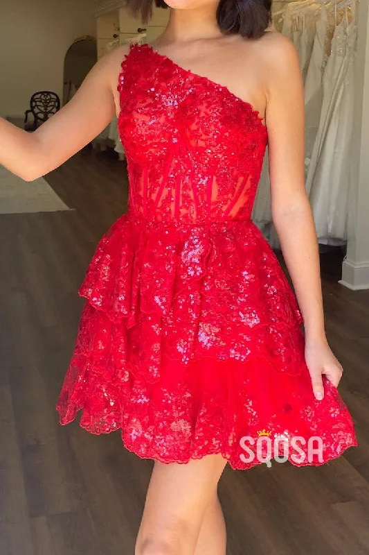 Satin A-Line One Shoulder Lace Sequined Party/Homecoming Dress QS2549 Off-the-shoulder Chic Trendy Satin A-Line One Shoulder Lace Sequined Party/Homecoming Dress QS2549 Off-the-shoulder Chic Trendy