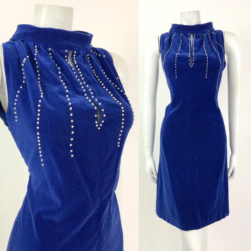 VINTAGE 60s ELECTRIC BLUE PEARL BEADED VELVET WIGGLE CUT OUT DRESS 10 12 Tunics Handmade artisanal