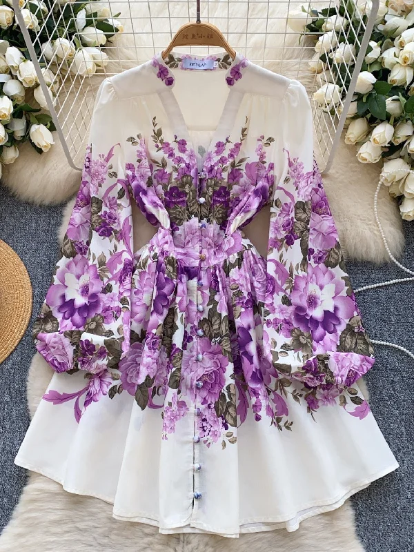 Long Sleeve Vibrant Purple Flowers White Dress Halter Neckline Beach
