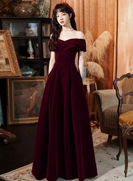Dark Red Velvet Long Party Dress Prom Dress 2022, A-line Formal Dresses Evening Dresses Crew Neckline Sporty Dark Red Velvet Long Party Dress Prom Dress 2022, A-line Formal Dresses Evening Dresses Crew Neckline Sporty