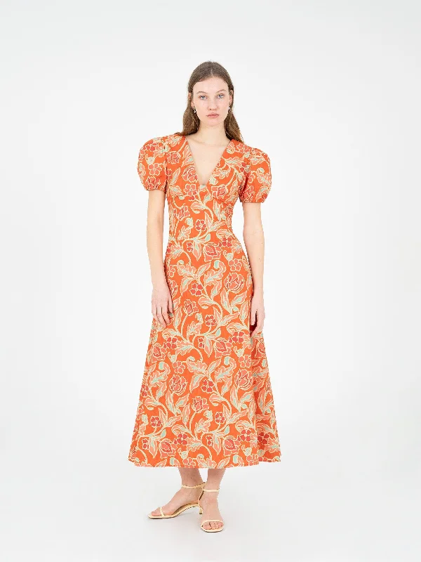 Eros Orange Floral Print Dress Tunics Satin smooth