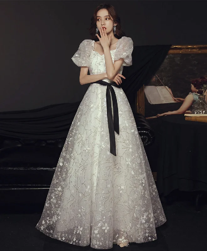 A line White Tulle Lace Sequin Long Prom Dress, White Formal Graduation Party Dress Tunics Mesh breathable A line White Tulle Lace Sequin Long Prom Dress, White Formal Graduation Party Dress Tunics Mesh breathable