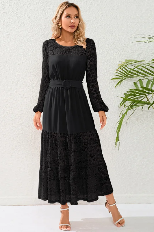 Black Lace A-Line Long Sleeves Scoop Long Party Dress with Belt Pleated Skirt Elegant Black Lace A-Line Long Sleeves Scoop Long Party Dress with Belt Pleated Skirt Elegant