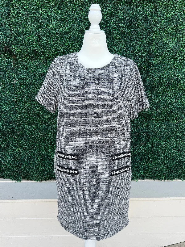 Tweed Pearl Pockets Dress Tunics Solid Classic