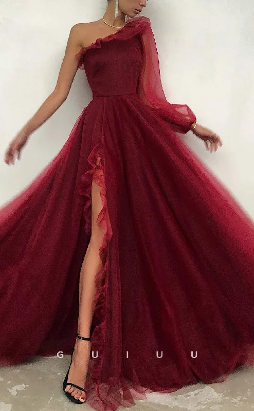 G2625 - Classic A-Line One Shoulder Red Tulle Prom Evening Party Dress With Ruffles Tunics Trousers formal G2625 - Classic A-Line One Shoulder Red Tulle Prom Evening Party Dress With Ruffles Tunics Trousers formal