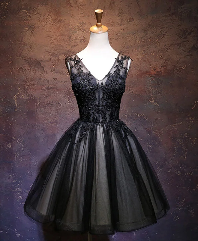Black V Neck Lace Short Prom Dress, Black Party Dress Sequined Elegant Party