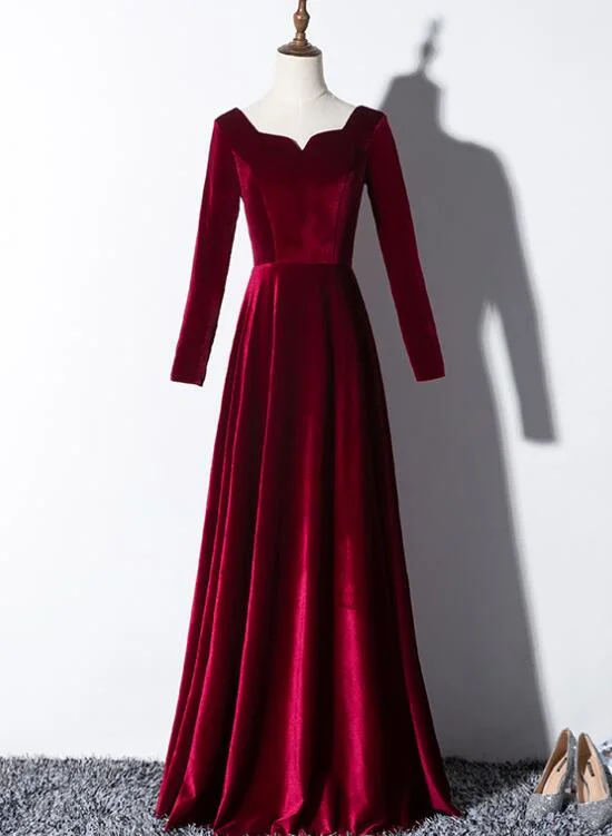 Beautiful Wine Red Velvet Long Sleeves Party Dress, Long Prom Dress Tunics Designer luxury Beautiful Wine Red Velvet Long Sleeves Party Dress, Long Prom Dress Tunics Designer luxury