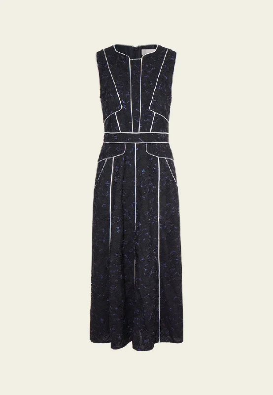 Silver-Trim Sleeveless Lurex Lace Dress Crew Neckline Casual