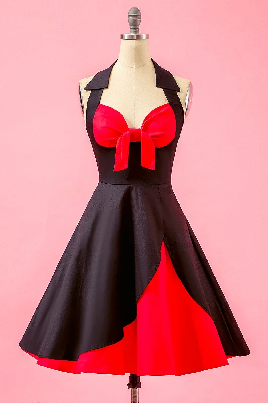 Black Patchwork V Neck Swing Party Dress Tunics Luxurious high-end