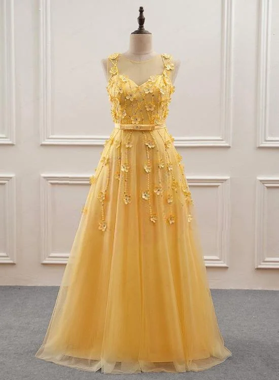 Yellow Flowers Tulle Long New Prom Dress, A-line Party Dress KS5584 Tunics Solid Classic Yellow Flowers Tulle Long New Prom Dress, A-line Party Dress KS5584 Tunics Solid Classic