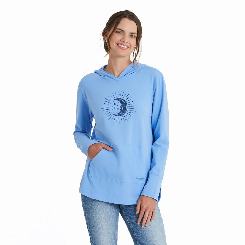 Life is Good Women's Woodcut Moon Stars Crusher-FLEX Hoodie Tunic, Cornflower Blue Hoodie with Reflective Safety Nightwear Life is Good Women's Woodcut Moon Stars Crusher-FLEX Hoodie Tunic, Cornflower Blue Hoodie with Reflective Safety Nightwear