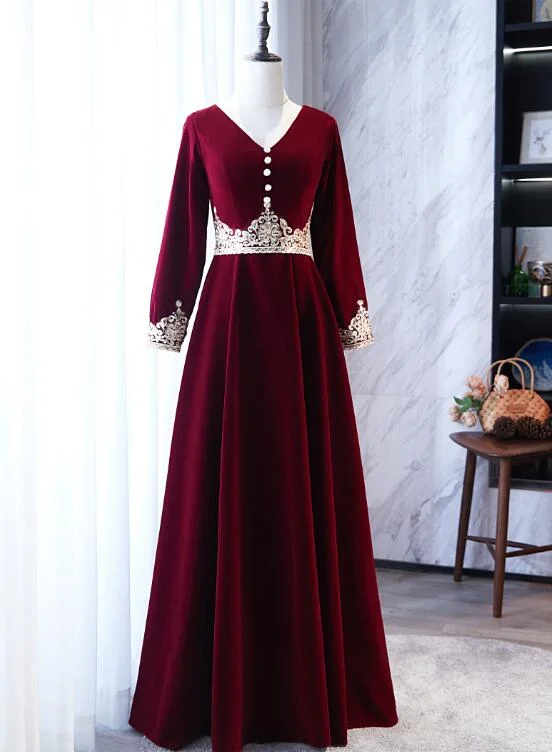 Wine Red Velvet A-line Long Sleeves Bridesmaid Dress with Lace, Dark Red Party Dresses Tunics Satin smooth Wine Red Velvet A-line Long Sleeves Bridesmaid Dress with Lace, Dark Red Party Dresses Tunics Satin smooth
