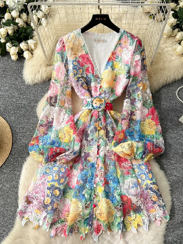 Balloon Sleeves Waist Knot Floral Lace Dress Tunics Cozy comfortable
