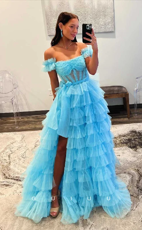 G4404 - Chic & Modern A-Line Off Shoulder Lace Tiered Illsion Lace Op Prom Party Dress with Slit Tunics Practical easy-care
