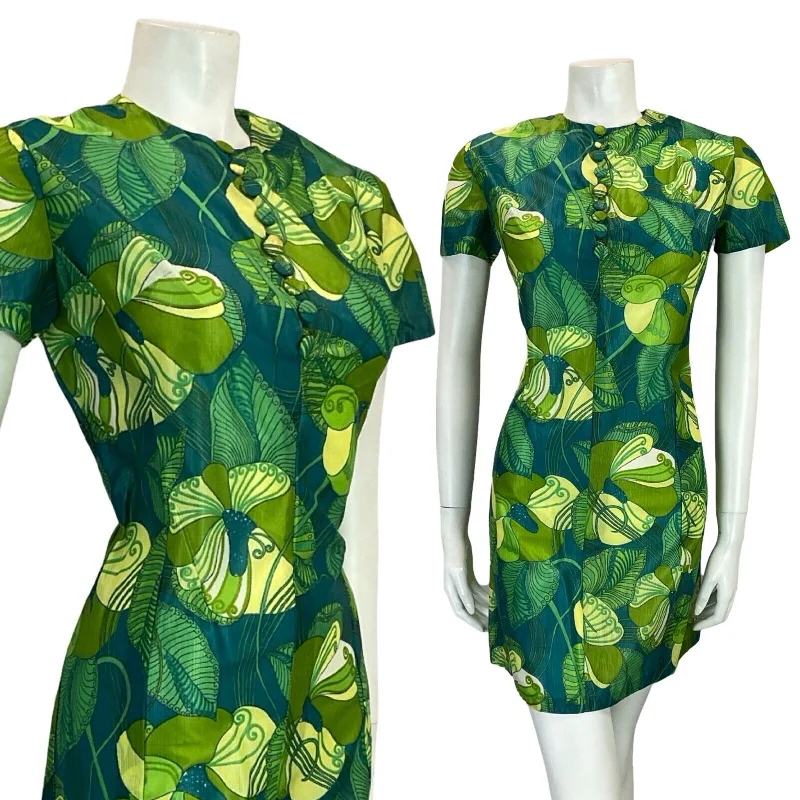 VTG 60S GREEN TURQUOISE ART NOUVEAU PSYCHEDELIC FLORAL LEAFY SHIFT DRESS 10 Floral Print girly VTG 60S GREEN TURQUOISE ART NOUVEAU PSYCHEDELIC FLORAL LEAFY SHIFT DRESS 10 Floral Print girly
