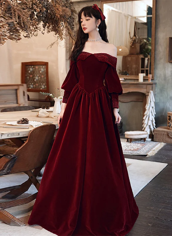 Wine Red Velvet Long Sleeves Beaded Party Dress, Sweetheart Long Prom Dress Tunics Gym athletic Wine Red Velvet Long Sleeves Beaded Party Dress, Sweetheart Long Prom Dress Tunics Gym athletic