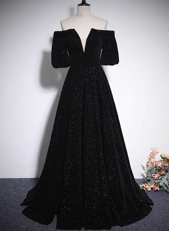 Black V-neckline Velvet Off Shoulder Party Dress, A-line Black Prom Dress Evening Dress Sequined Elegant Party