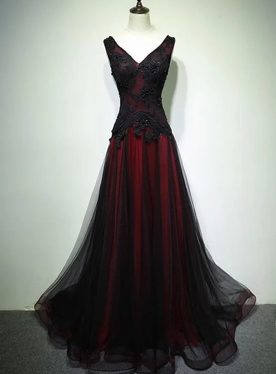 Black and Tulle V-neckline Beaded Lace Long Party Dress, A-line Prom Dress Evening Dresss KS7009 Tunics Practical easy-care Black and Tulle V-neckline Beaded Lace Long Party Dress, A-line Prom Dress Evening Dresss KS7009 Tunics Practical easy-care