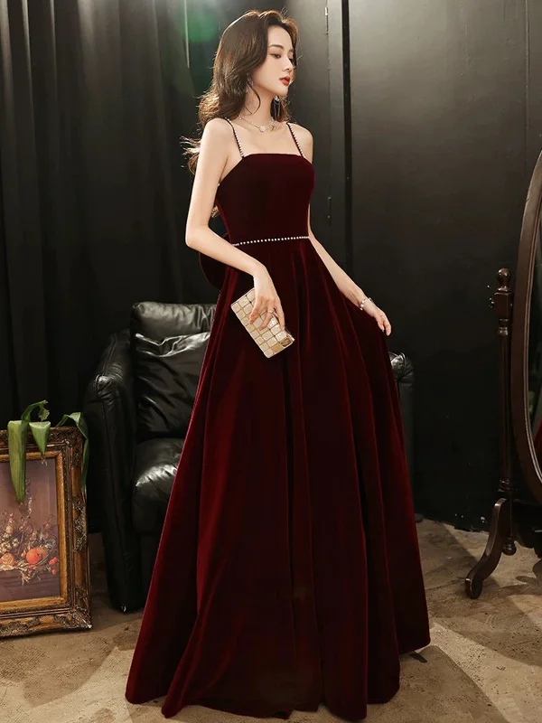 A-line Wine Red Velvet Straps Long Party Dress, Wine Red Velvet Prom Dress Tunics Trendy modern A-line Wine Red Velvet Straps Long Party Dress, Wine Red Velvet Prom Dress Tunics Trendy modern