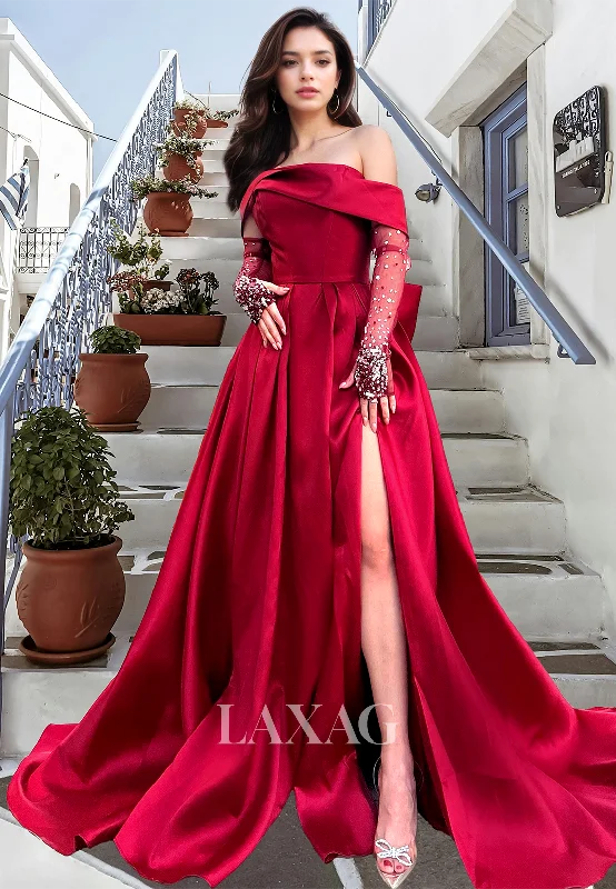 Tube Top Sleeveless A-Line Prom Dress Beaded Sequined Pleated High Slit Party Dress with Tulle Gloves Tunics Stylish elegant Tube Top Sleeveless A-Line Prom Dress Beaded Sequined Pleated High Slit Party Dress with Tulle Gloves Tunics Stylish elegant