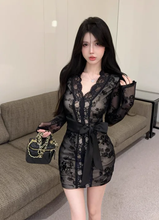 Pure desire sexy flocking lace strap slim dress Tunics Sale discount