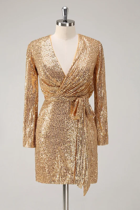 Golden Glitter V Neck Short Tight Party Dress Tunics Practical easy-care