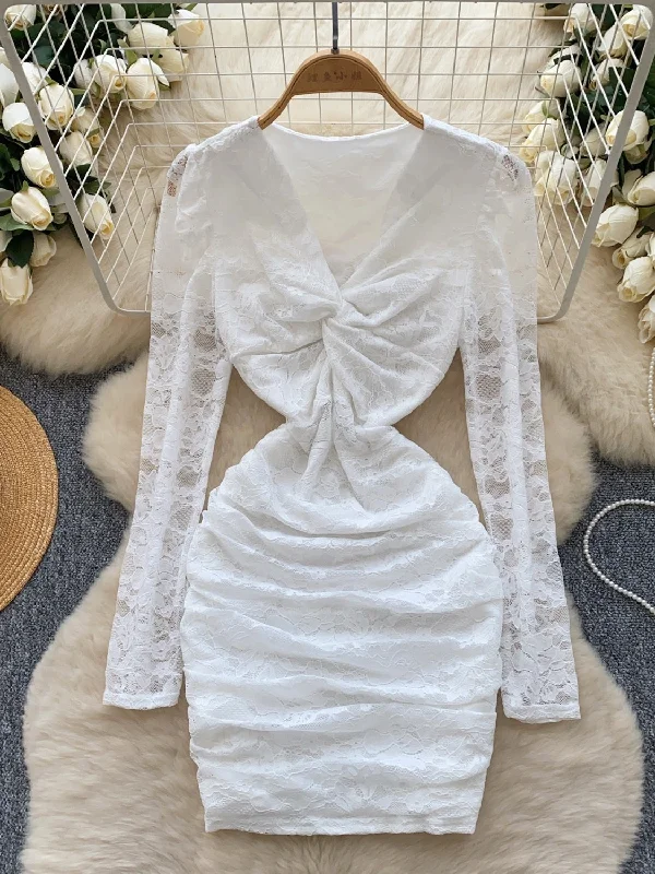 Deep V-Neckline Knotted White Lace Dress Tunics Gym athletic
