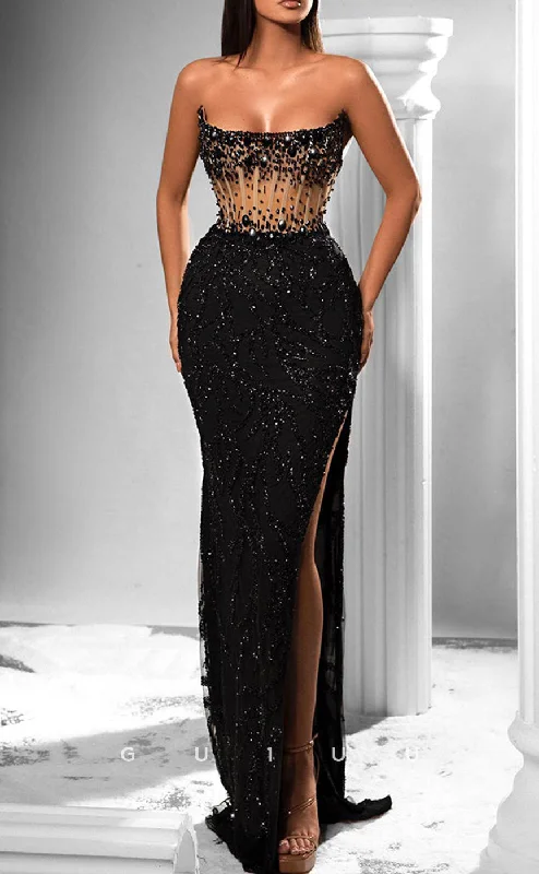 G2665 - Sexy & Fitted Black Strapless Beaded Sheer Long Prom Evening Party Dress Peplum Ruffle Cocktail G2665 - Sexy & Fitted Black Strapless Beaded Sheer Long Prom Evening Party Dress Peplum Ruffle Cocktail
