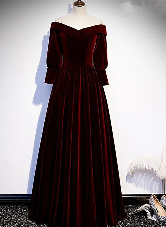 Chic Off Shoulder Long Sleeves Velvet Party Dress, Wine Red Prom Dress Evening Dress Tunics Ceremony elegant Chic Off Shoulder Long Sleeves Velvet Party Dress, Wine Red Prom Dress Evening Dress Tunics Ceremony elegant