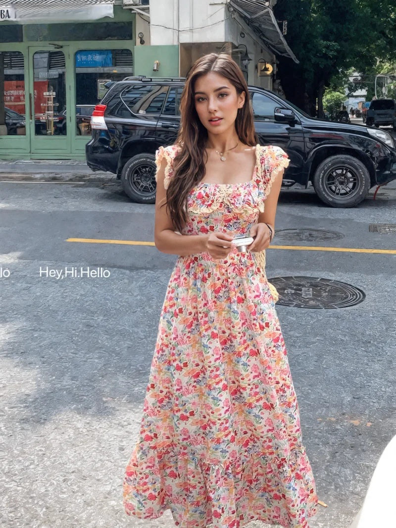 Ruffled Bodice Vibrant Floral Long Dress Tunics Bridal satin