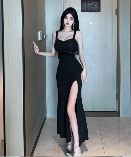 Temperament split slim fishtail dress Boat Neckline Classic