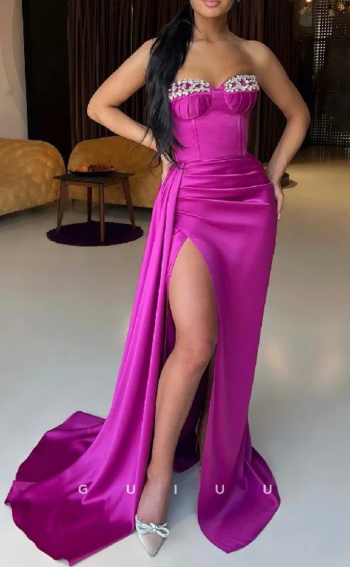 G2643 - Chic & Modern Beaded Sweetheart Satin Prom Evening Party Dress With Slit Tunics Print Colorful G2643 - Chic & Modern Beaded Sweetheart Satin Prom Evening Party Dress With Slit Tunics Print Colorful