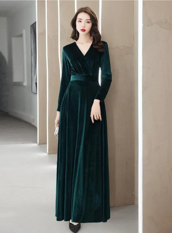 Elegant Velvet Long Sleeves V-neckline Prom Dress. Velvet Bridesmaid Dress Party Dress Tunics Running lightweight Elegant Velvet Long Sleeves V-neckline Prom Dress. Velvet Bridesmaid Dress Party Dress Tunics Running lightweight