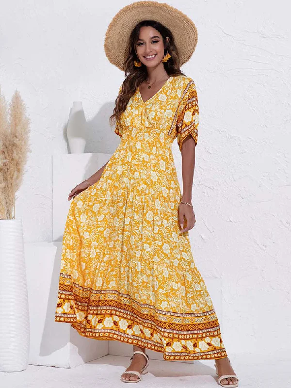 BerriesJam - Boho Elegant Long Floral Comfy Dress Cowl Neckline Elegant