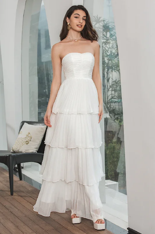 Simple White Pleated Tiered Engagement Party Dress Tunics Silk luxurious