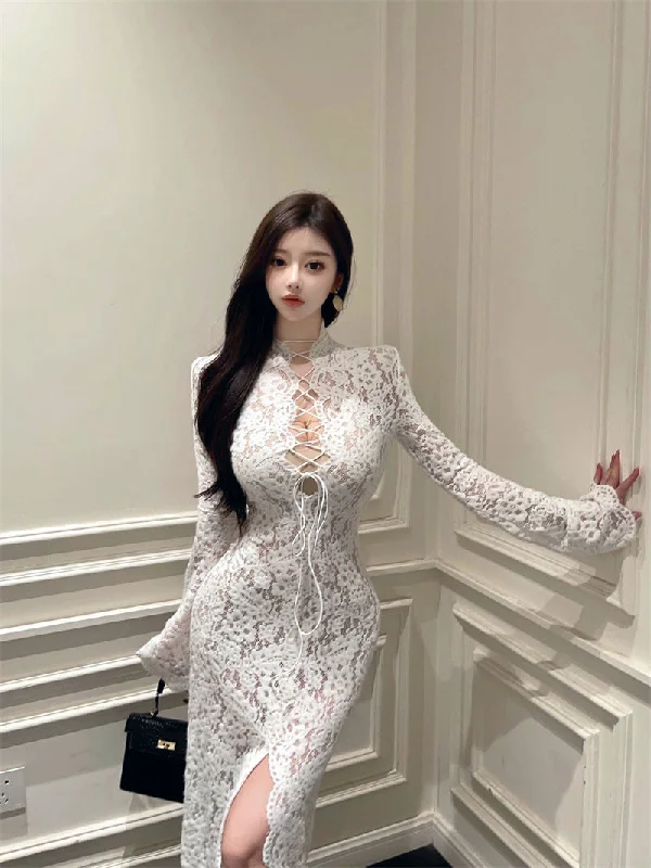Sexy celebrity lace openwork strap split dress dress Crew Neckline Casual